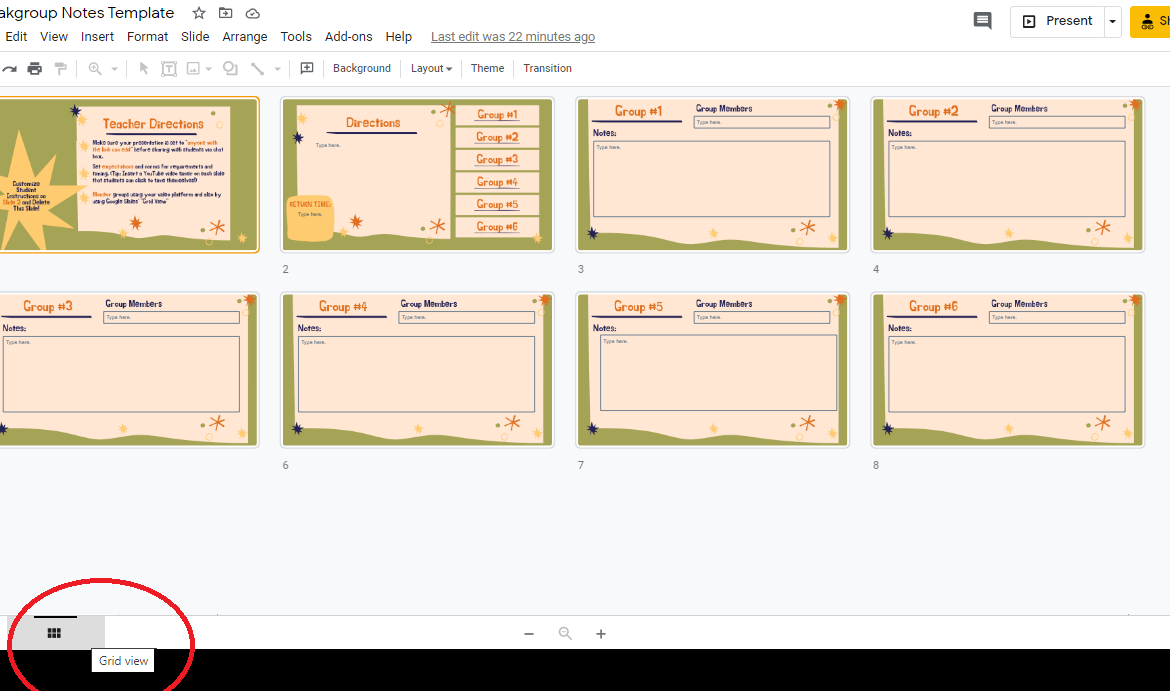 Grid view on Google Slides shows all students' slides at the same time.